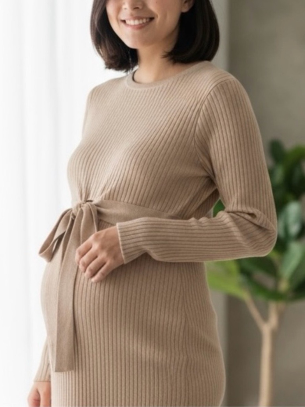 Isabel Maternity by Ingrid & Isabel Tan Long Sleeve Soft Knit Dress Size Small